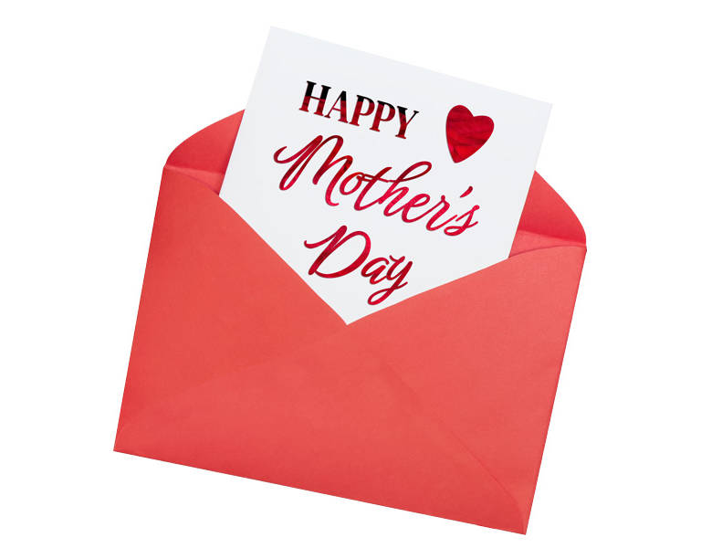 Composition of red roses, chocolates, sequins hearts, envelopes, candles, inscription Happy Mother's Day. Content for Mother's Day. Flat lay, top view, close up, copy space on white background