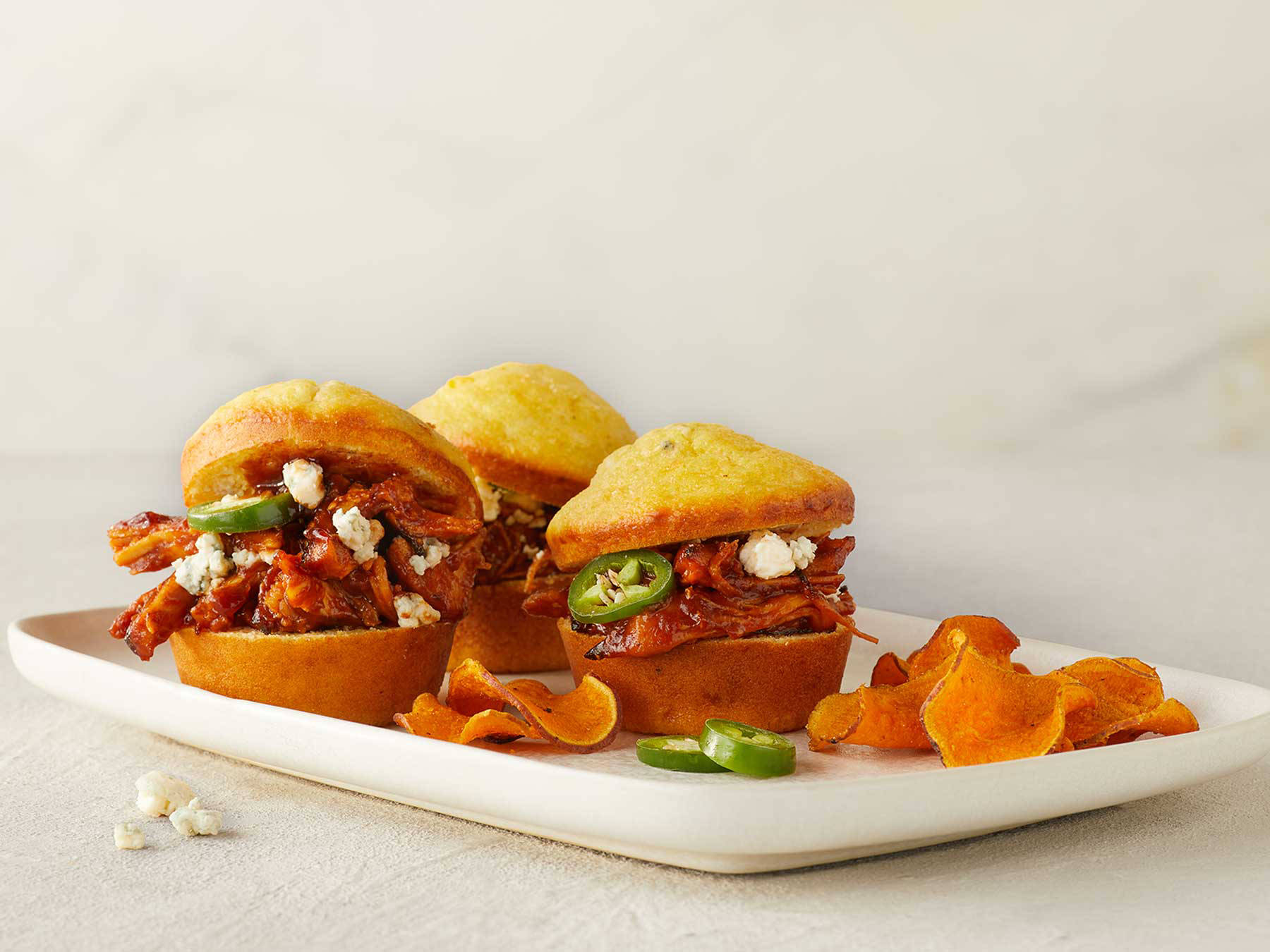 Blue Cheese Corn Bread Pulled Chicken Sandwiches