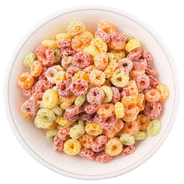 Colorful fruit flavored loops shaped cereal in a white bowl