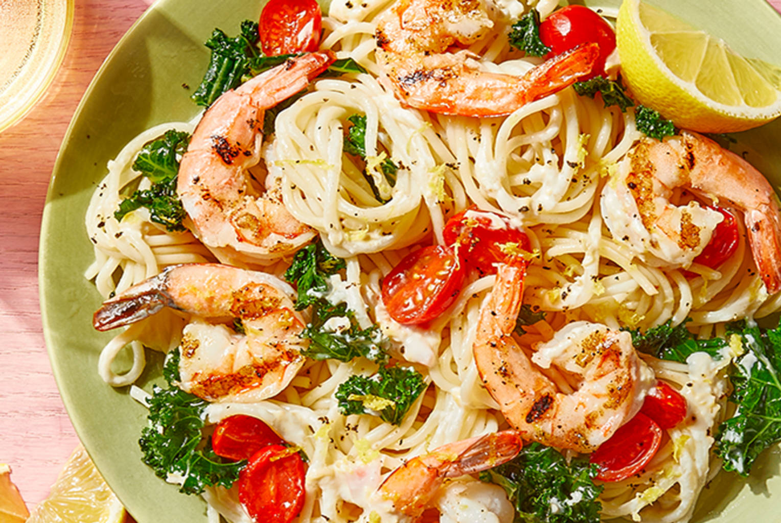 Grilled Shrimp and Sautéed Kale in White Wine Cream Sauce