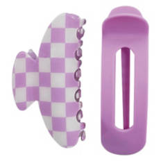 2 Pack Claw Clips, Cream/Lavender Checkered
