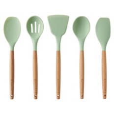 5 Piece Wood & Silicone Utensil Set, Green
