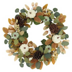 20" Indoor/Outdoor Harvest Wreath - White Pumpkins & Eucalyptus