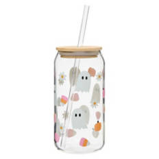 Halloween Glass Cup with Lid, Ghosts & Candy Corn