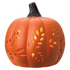 LED Ceramic Pumpkin - Orange with Leaf Design