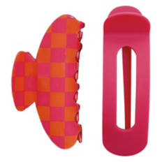 2 Pack Claw Clips, Pink/Orange Checkered