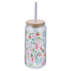Glass Cup with Lid - Floral Bunnies