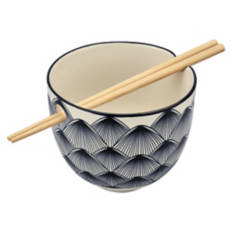 Ceramic Noodle Bowl with Chopsticks, Gray & Black