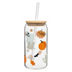 Halloween Glass Cup with Lid, Ghosts & Pumpkins