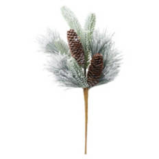 22" Long Holiday Faux Floral Stems - Flocked with Small Pinecones