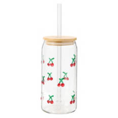 16 oz Glass Cup with Straw - Red Cherries
