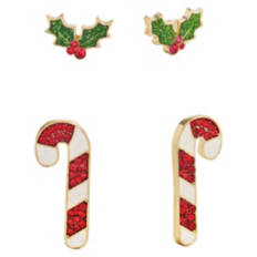 Holiday Jewelry - 2 Pack Holly Candy Cane Earrings