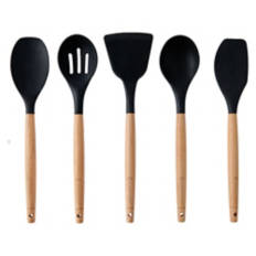 5 Piece Wood & Silicone Utensil Set, Black