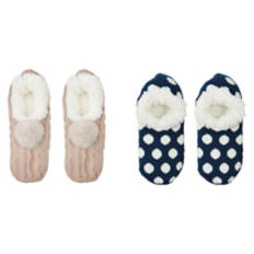 Ladies 2 Pack Slipper Socks, Beige & Blue
