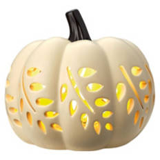 LED Ceramic Pumpkin - Cream with Leaf Design