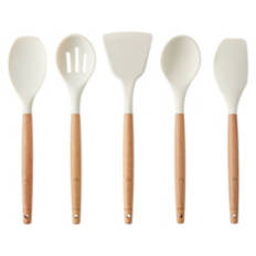 5 Piece Wood & Silicone Utensil Set, Cream