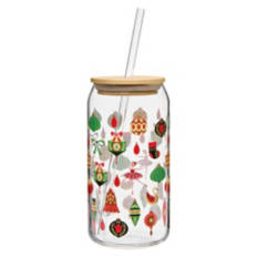 Holiday Glass Cup with Lid - Ornament Icons