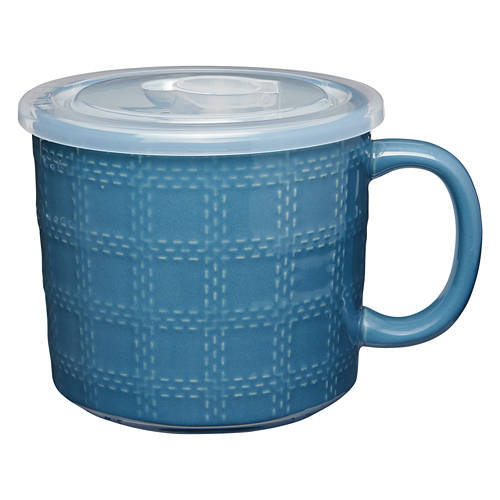 Ceramic Soup Mug with Vented Plastic Lid, Blue