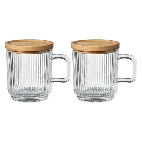 2 Pack Glass Coffee Mugs with Bamboo Lid - Clear