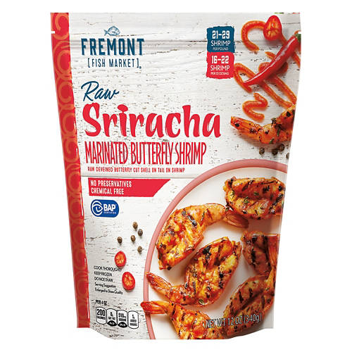Raw Sriracha Marinated Butterfly Shrimp, 12 oz Product Image Front shot 01