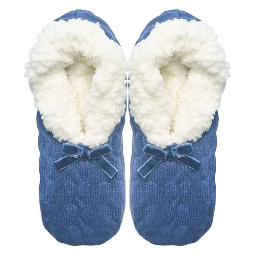 Ladies Cozy Knit Slipper Socks - Dark Blue With Bow, Size 4-10