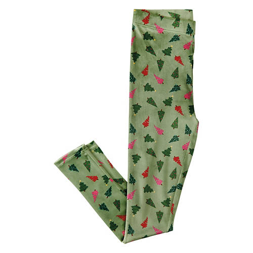 Ladies Ultra Plush Holiday Leggings - Green Print, L