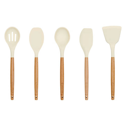 5 Piece Wood & Silicone Utensil Set, Cream