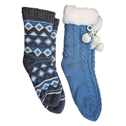 Ladies 2 Pack Chunky Knit Slipper Socks - Gray/Blue