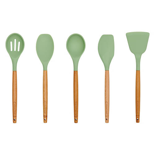 5 Piece Wood & Silicone Utensil Set, Green