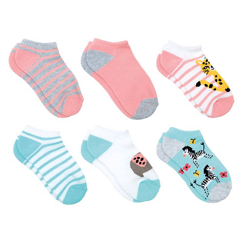 Childrens 6 Pack Low Cut Socks - Blue/Pink/Grey, M