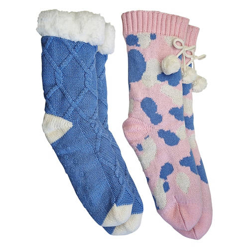 Ladies 2 Pack Chunky Knit Slipper Socks - Blue Heron/Cloud