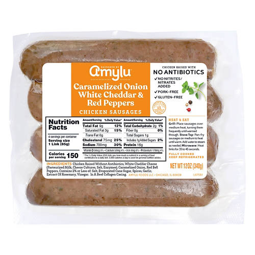 Caramelized Onion, White Cheddar, & Red Peppers Chicken Sausage, 12 oz Product Image Front shot 01
