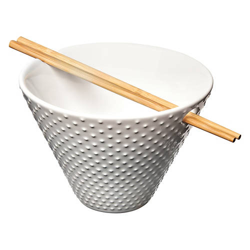 Ceramic Noodle Bowl with Wooden Chopsticks - White