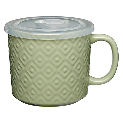 Ceramic Soup Mug with Vented Plastic Lid, Green