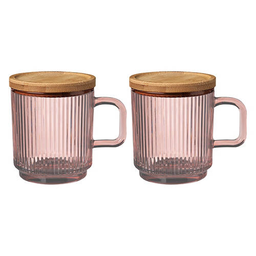 2 Pack Glass Coffee Mugs with Bamboo Lid - Pink