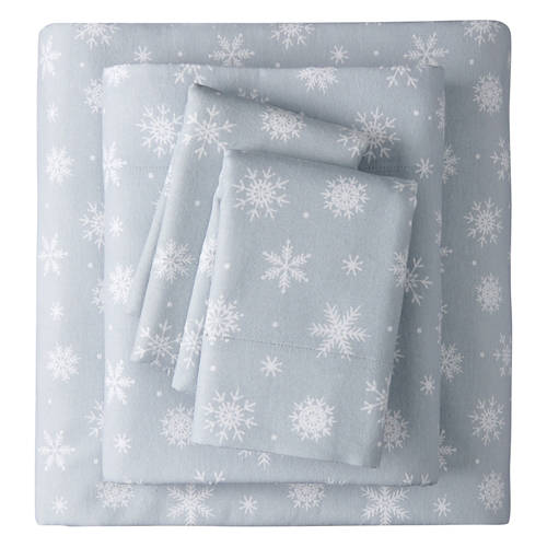 Queen Size  Flannel Sheet Set - Gray Snowflakes