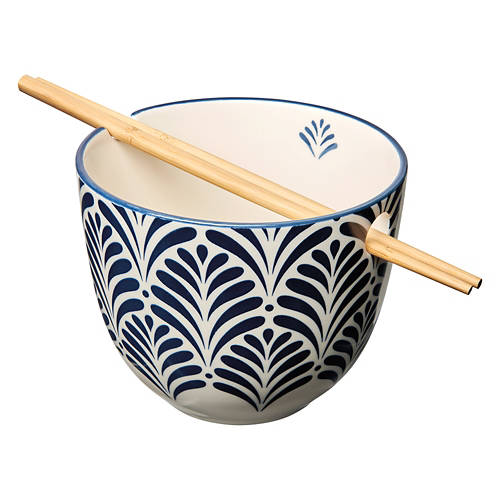 Ceramic Noodle Bowl with Wooden Chopsticks - Blue