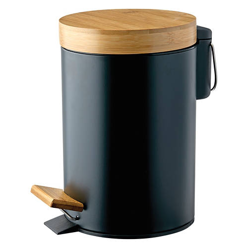 Bathroom Waste Bin with Bamboo Lid, Black