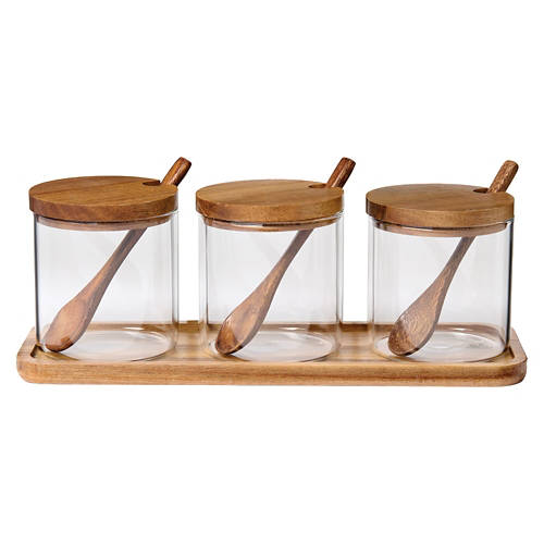 Handmade Wooden Spice Box With Glass Lid & Spoon - Vintage Style, Airtight Storage (Natural Wood)