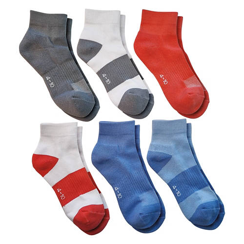 6 Pack Ladies Ankle Fitness Sock, White/Red/Blue