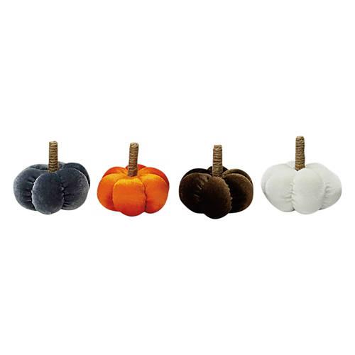 4 Pack Small Velvet Pumpkins, Brown, Orange, Blue, Ivory