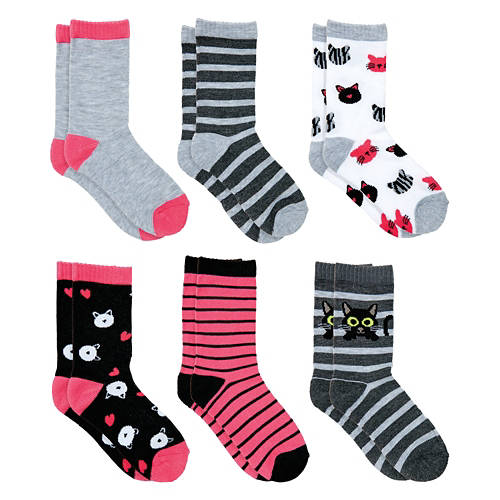 Childrens 6 Pack Crew Socks - Cat, M