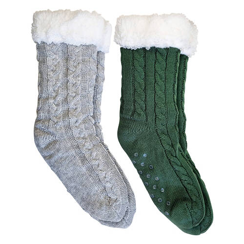 Ladies 2 Pack Chunky Knit Slipper Socks - Gray/Green