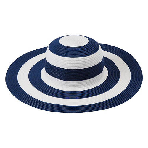 Ladies Beach Hat - White/Blue Stripe, One Size