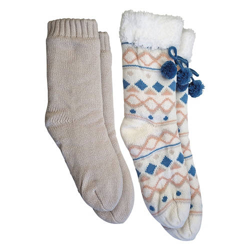 Ladies 2 Pack Chunky Knit Slipper Socks - Beige/Pink Sand