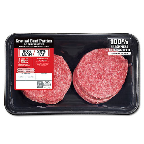 Fresh  80% Lean 20% Fat Ground Beef Patties, 4 count