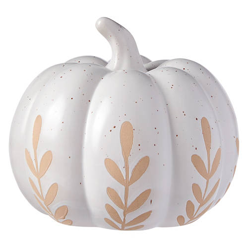 Ceramic Pumpkin, Cream with Leaves - 6.5" x 6.5" x 7"