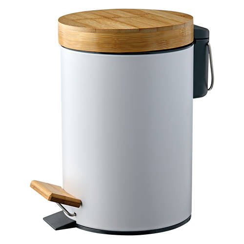 Bathroom Waste Bin with Bamboo Lid, White