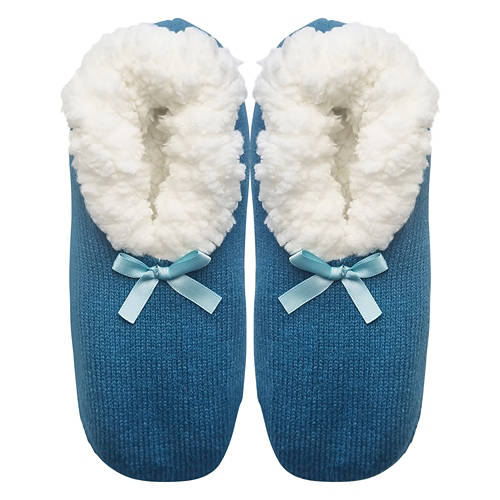 Ladies Cozy Knit Slipper Socks - Blue With Bow, Size 4-10