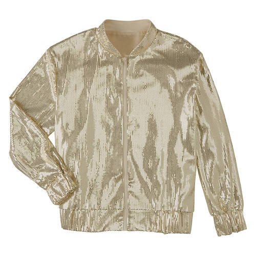 Ladies Long Sleeve Sequin Bomber Jacket - Gold, M